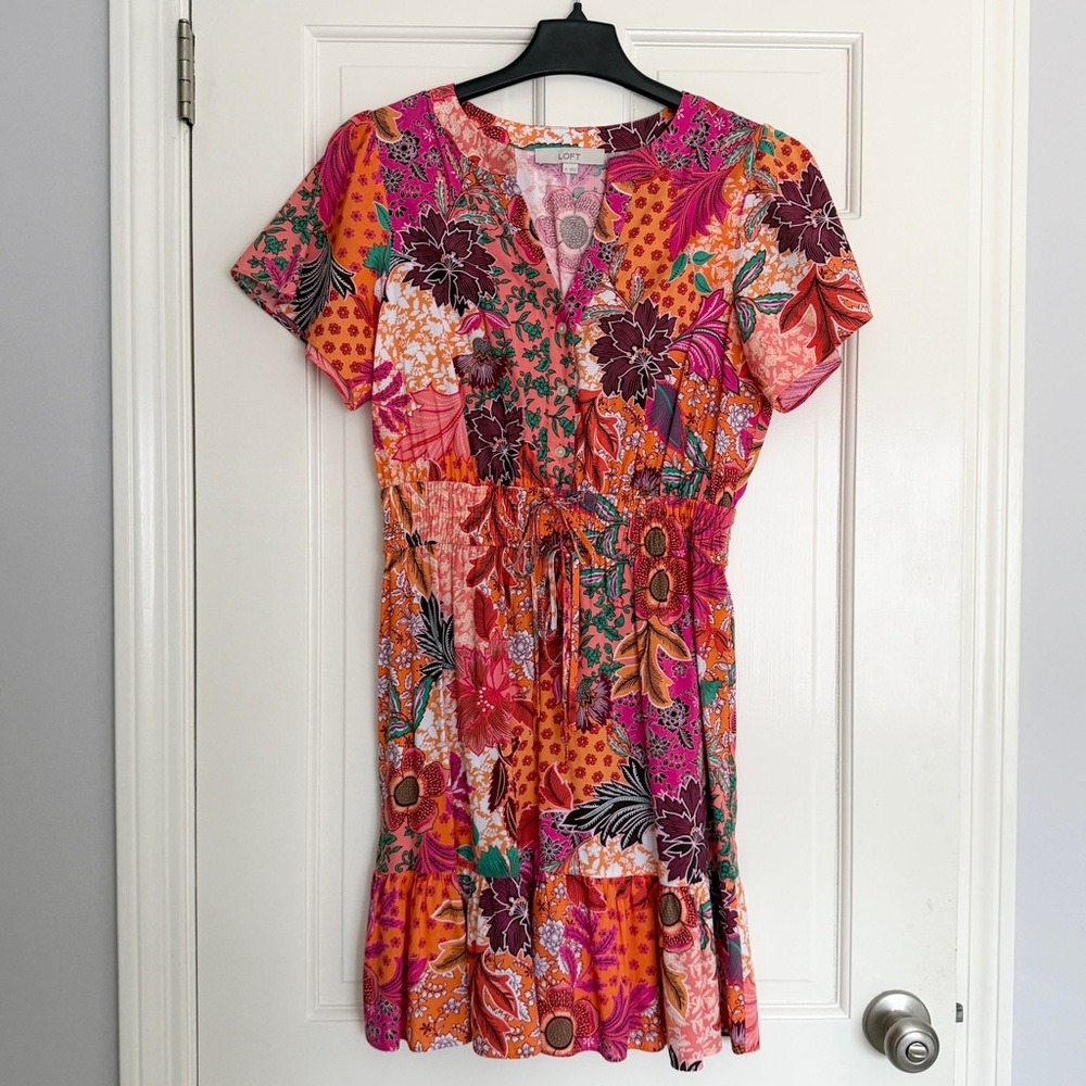 Loft Floral Patchwork Flutter Short Sleeve Dress … - image 2